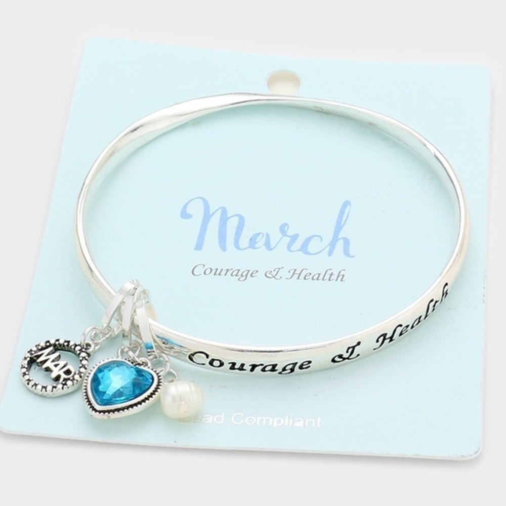 Silver pearl bead blue stone March birthday stone bracelet bangle message